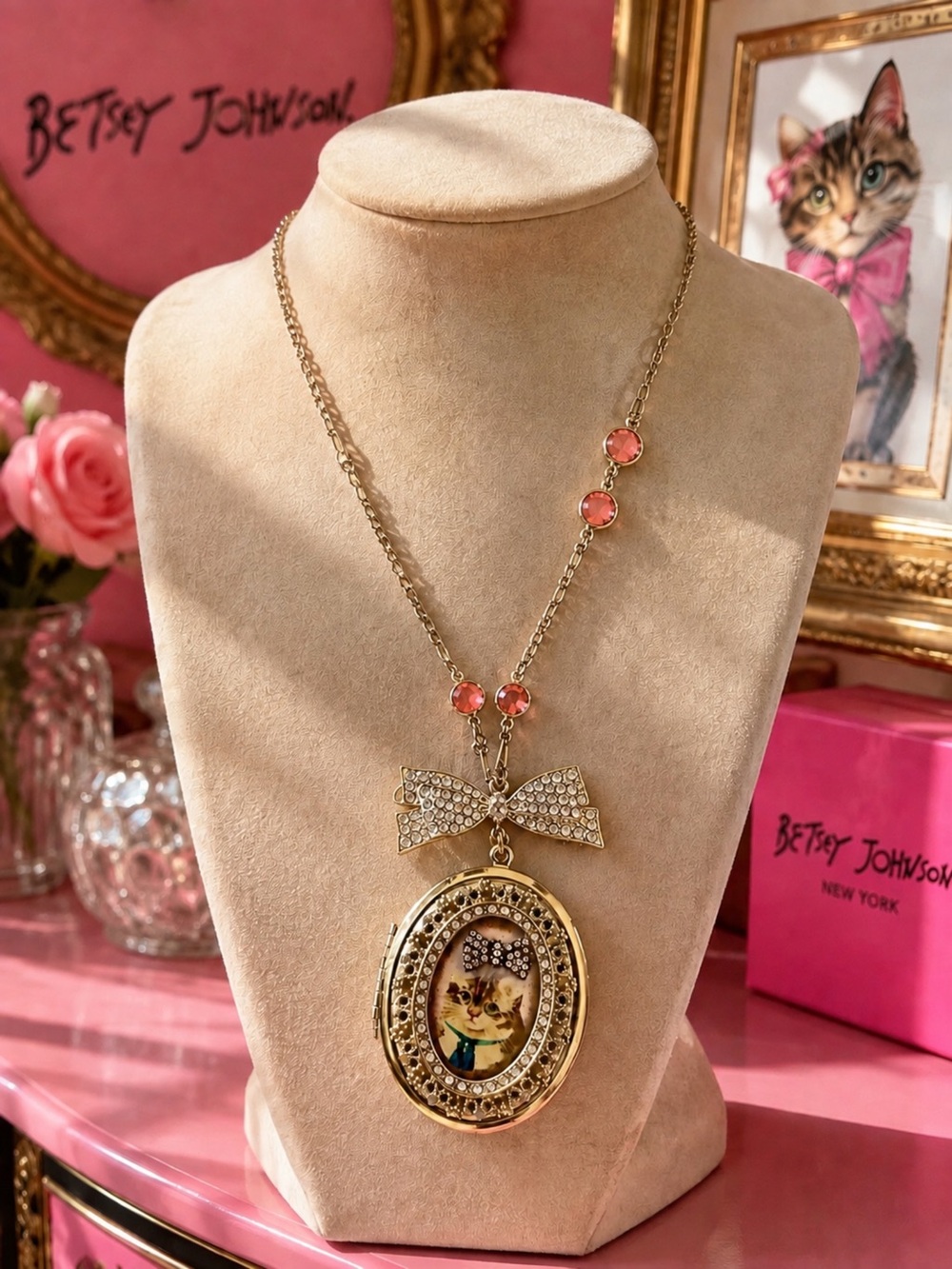 Rare vintage Betsey Johnson Gold Bow Locket Necklace with Pink Accents